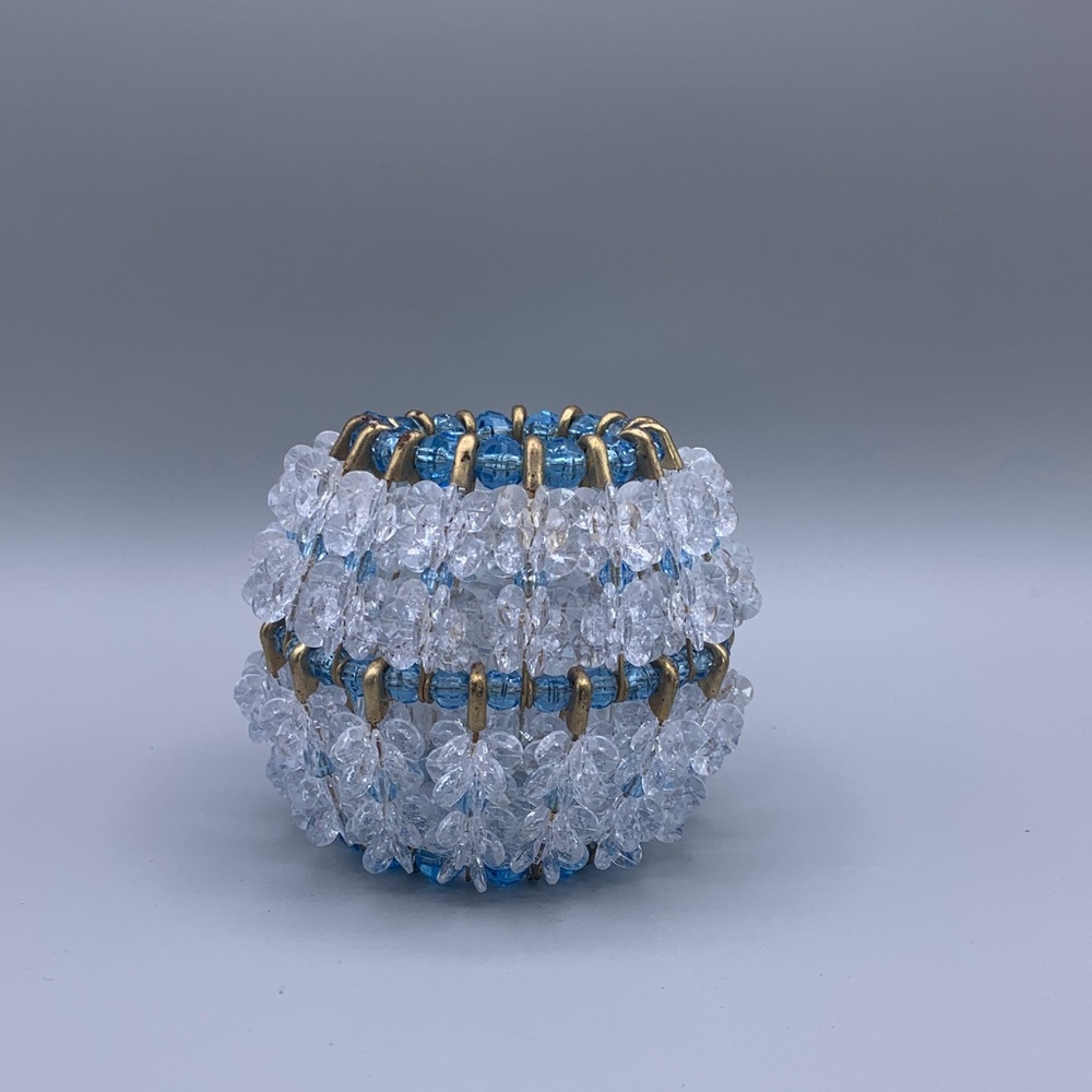 Vintage Gold Safety Pin Clear Blue Beads Candle Holder Glass Votive